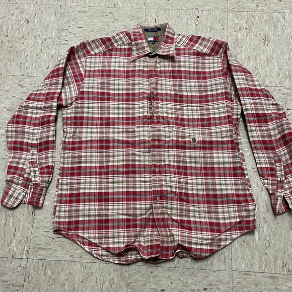 Vintage Tommy Hilfiger 90s Plaid Oxford Button Down Red/Tan Shirt Men's Medium - Picture 1 of 8